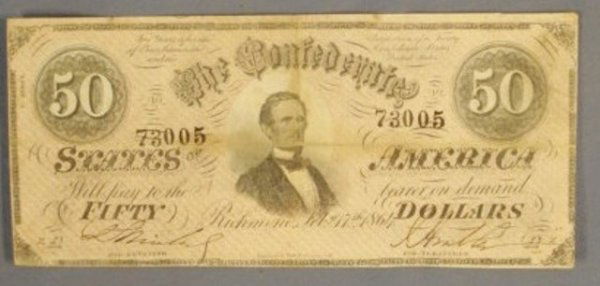 Confederate States of America $50 Dollar Note: 1864 Richmond one fifty dollar note, VF-XF condition.