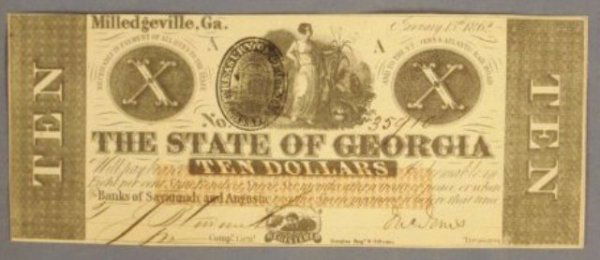 $10 Dollar Broken Civil War Bank Note: The State of Georgia, 1862. uncirculated condition.