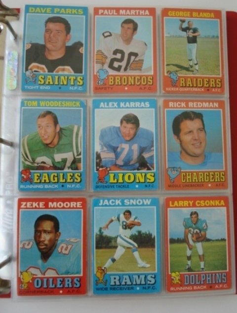 1971 Topps Football Card Near Set w/ Bradshaw: Three cards shy of a complete set in an album. #245 Joe Greene, #193 and #158 are the three omitted cards. Terry Bradshaw rookie is EX and the overall grade is VG-EX.