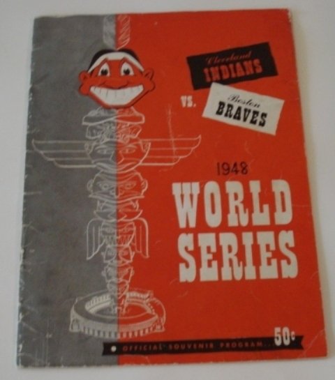 1948 World Series Game 3 Program: Game 3 was the first game played in Cleveland and the Indians won, 2-0. This program is scored and was enjoyed to its' present VG-EX condition.