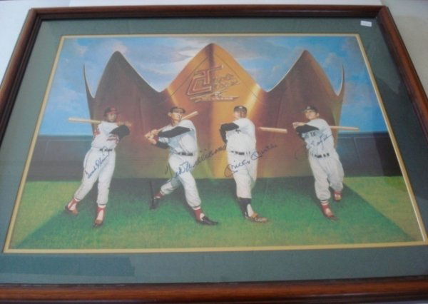 Triple Crown Autographed Litho w/ Mickey Mantle: Approx 26x31 framed and matted lithograph of baseball's Triple Crown winners. Blue marker signatures by Frank Robinson, Ted Williams, Mickey Mantle and Carl Yastrzemski. Very clean, NRMT signatures by