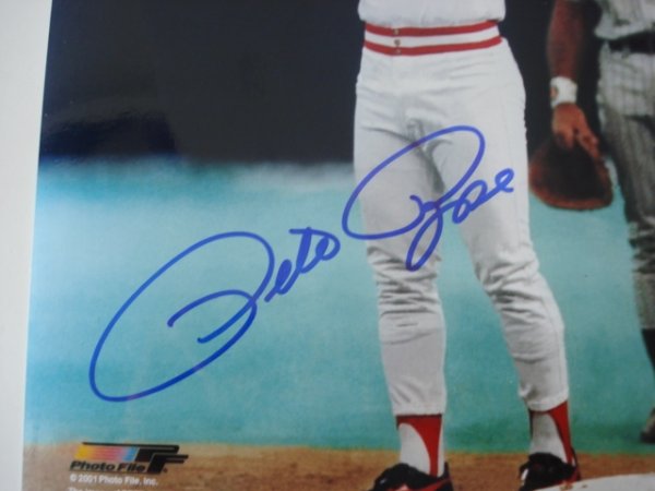 Pete Rose Signed 8x10 Photo Reds: Rose's pose after the record in a color photo. Large, blue marker signature. Tracercode hologram and COA.