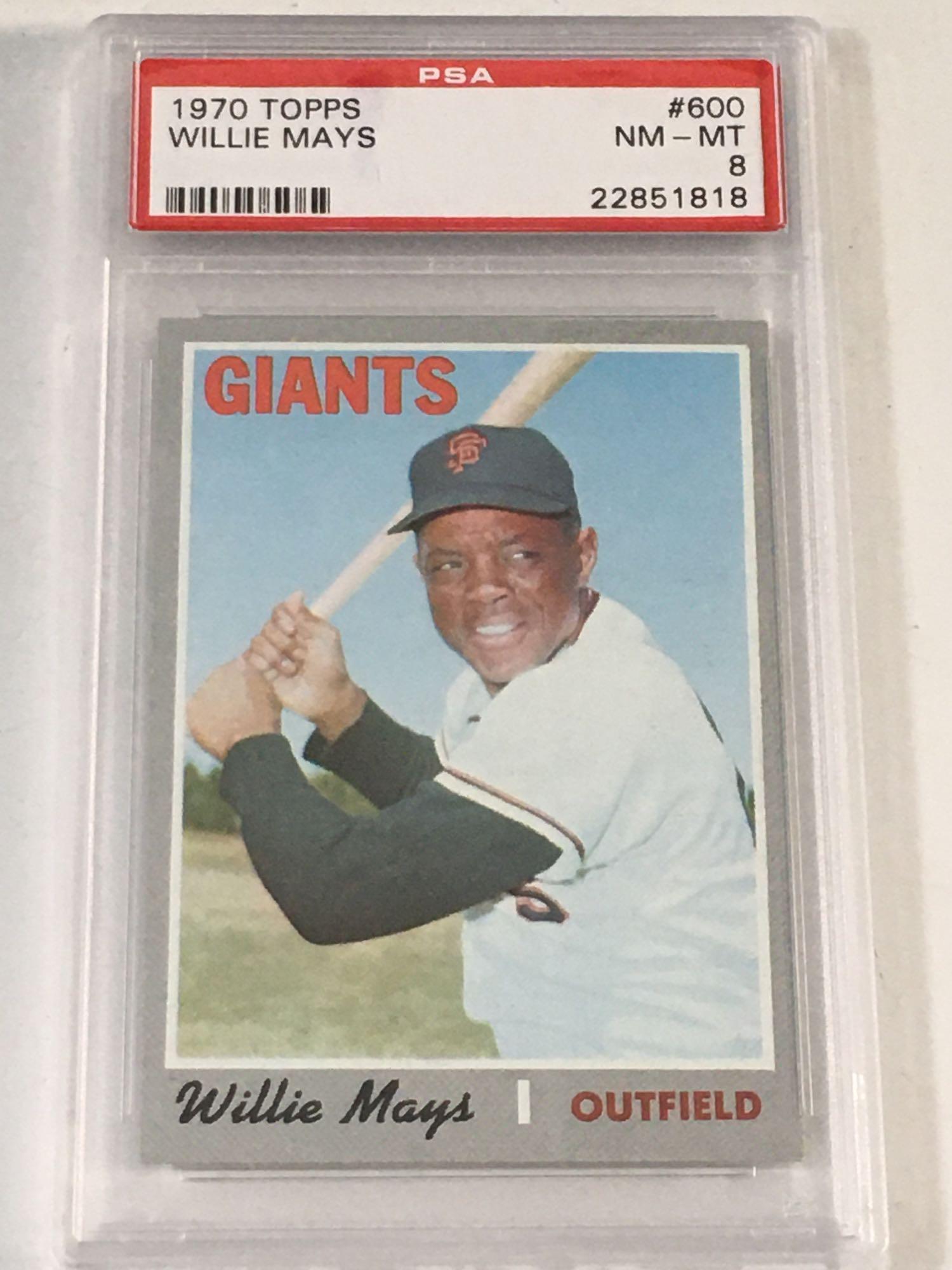 1970 Topps #600 Willie Mays PSA 8: A PSA 8, NM-MT graded Willie Mays card is an amazing addition to any collection regardless of year. This tough gray border beauty is very sharp and attractive. A few minor scuffs on the holder. Don't 