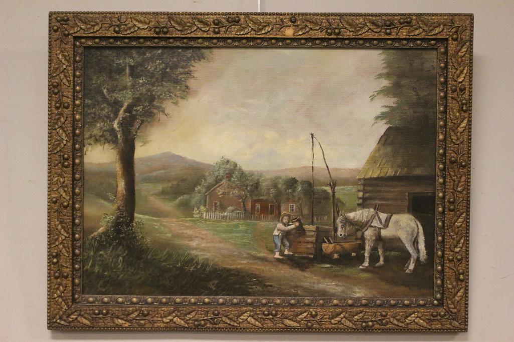 Early 20th Century Oil on Canvas Country Farm Landscape: European, possibly Dutch/Holland country farm landscape depicting young man pulling water from the well to water a miniature horse as shown. Oil painting on canvas is contained in period late 19th cen