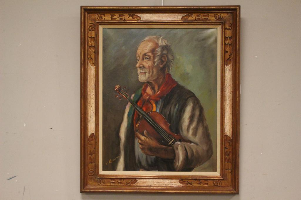 20th Century Oil on Canvas of Elderly Man with Violin (1 of 15)