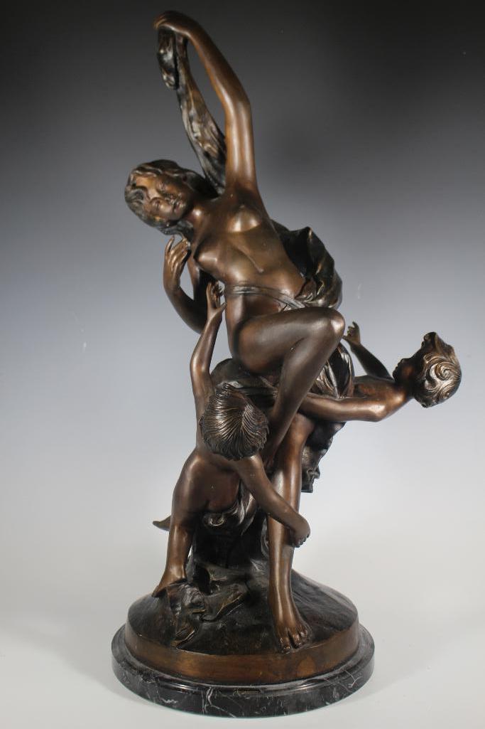 After Eugene Marioton French (1854-1933) Bronze Nude: Attributed to Eugene Marioton French (1854-1933) signed E. Marioton. Standing approx. 29 1/2" tall bronze sculpture of nude woman and children on circular black marble base. in good condition, see pho