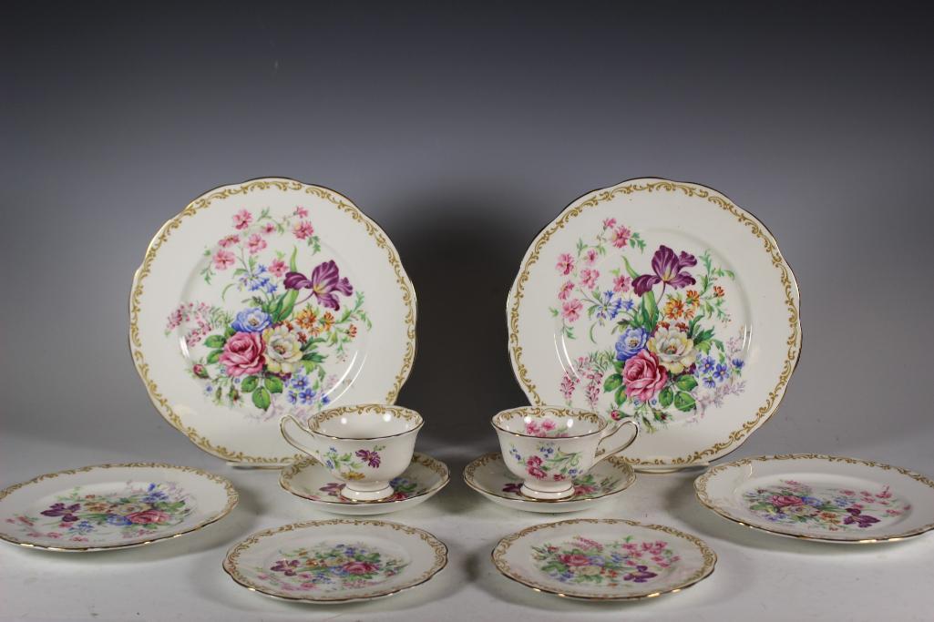 Royal Albert "Nosegay" 60 Piece Dinnerware Set: Circa 1935 Royal Albert "Nosegay" Bone China full service for 12 dinner set. Set includes; 12 dinner plates, 12 salad plates, 12 bread butter plates, 12 saucers and 12 tea cups. All in excellent condi