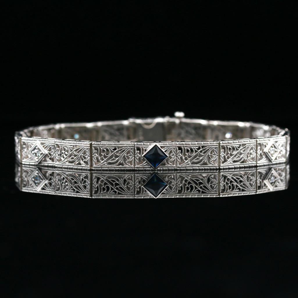 Art Deco 14k White Gold Sapphire and Diamond Filigree (1 of 7)
