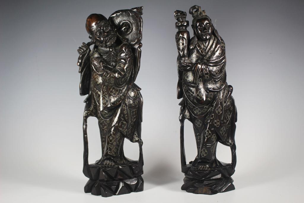 Pair of Carved Rosewood Figures with Silver Wire Inlay (1 of 18)