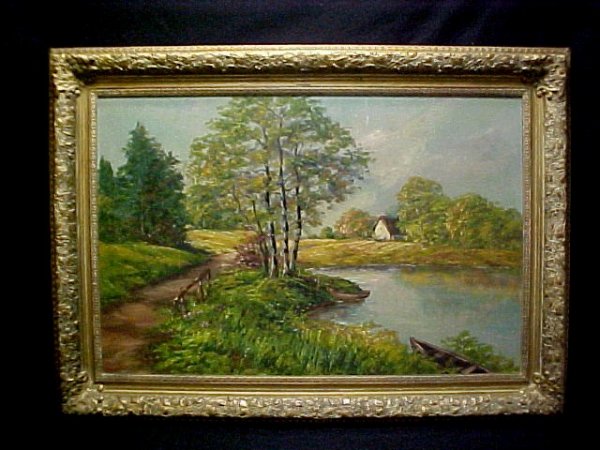 O/C Landscape Scene: old farm house beside lake with two fishing boats. Condition good. Ca. 1940's h. 32'' w. 43''