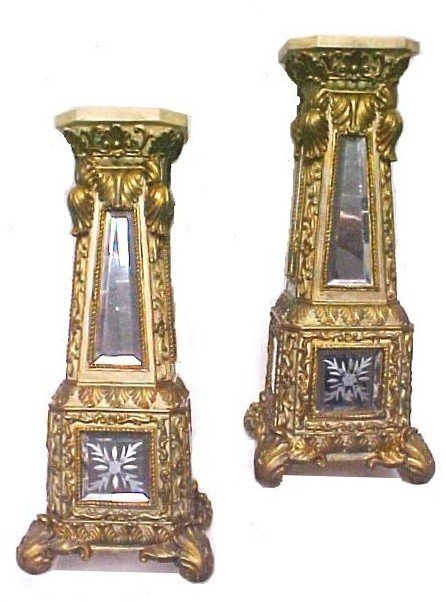 Pair Of Rococo Style Mirrored Figurine Pedestals: not antiques, still very decorative and usable pieces. Tall form composition material with etched mirror inserted panels. h.12''