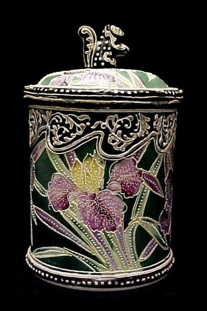 Circa 1890. Nippon Moriage Decorated Humidor With : features a forest green back ground brightly colored orchids and is filled with typically exuberant Moriage raised slip decoration and topped with a seated squirrel handle Squirrel finial has been rep