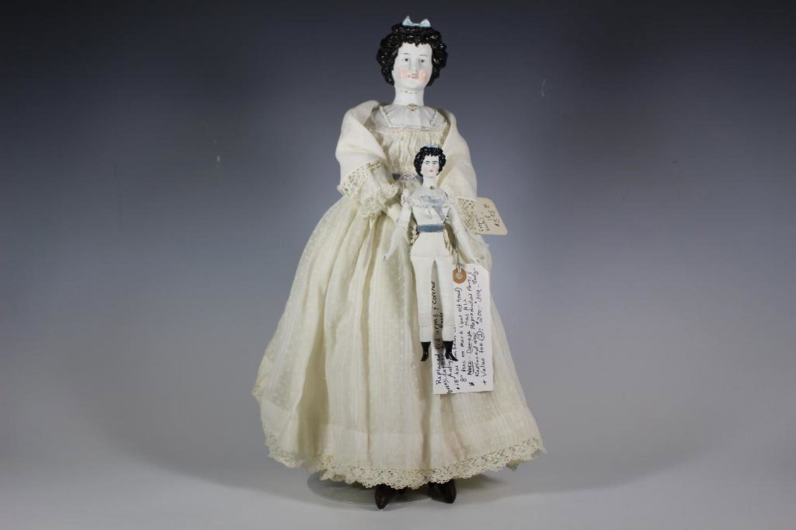 Two 18" & 8" Parian "Irish Queen" by Limbach Circa: Two 18" & 8" Parian "Irish Queen" by Limbach #8552 Circa 1880's both with fancy bodice & newer replaced body parts and heads. 18" has no damage to head or bodice. Nicely molded teeth, hair and