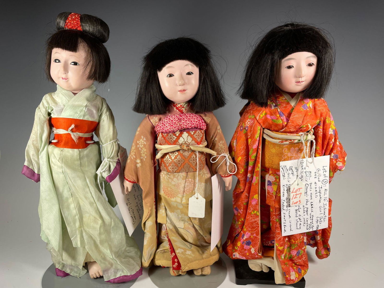 Three 16" Ichimatsu Gofun Japanese Girl Dolls 1 Signed (1 of 19)