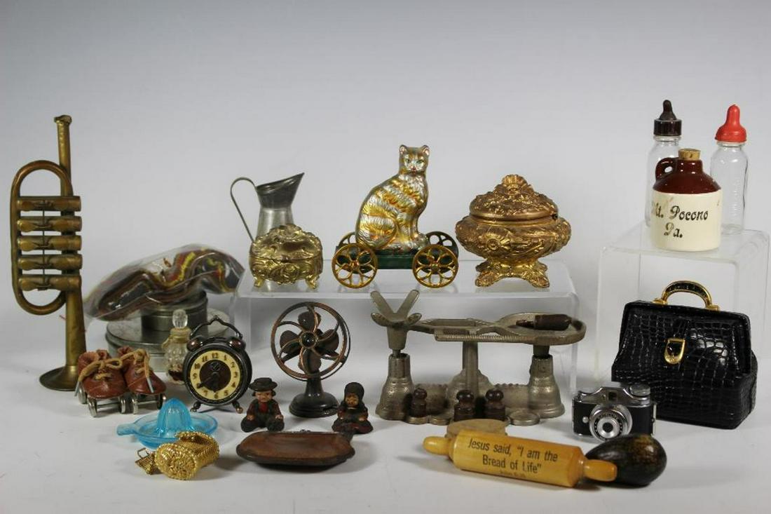 Large group of Miniatures, Collectibles and Dresser: Various collectibles. Miniature scale, ladies art nouveau lidded boxes, doll related and more. See photos for details. Great dealers box
