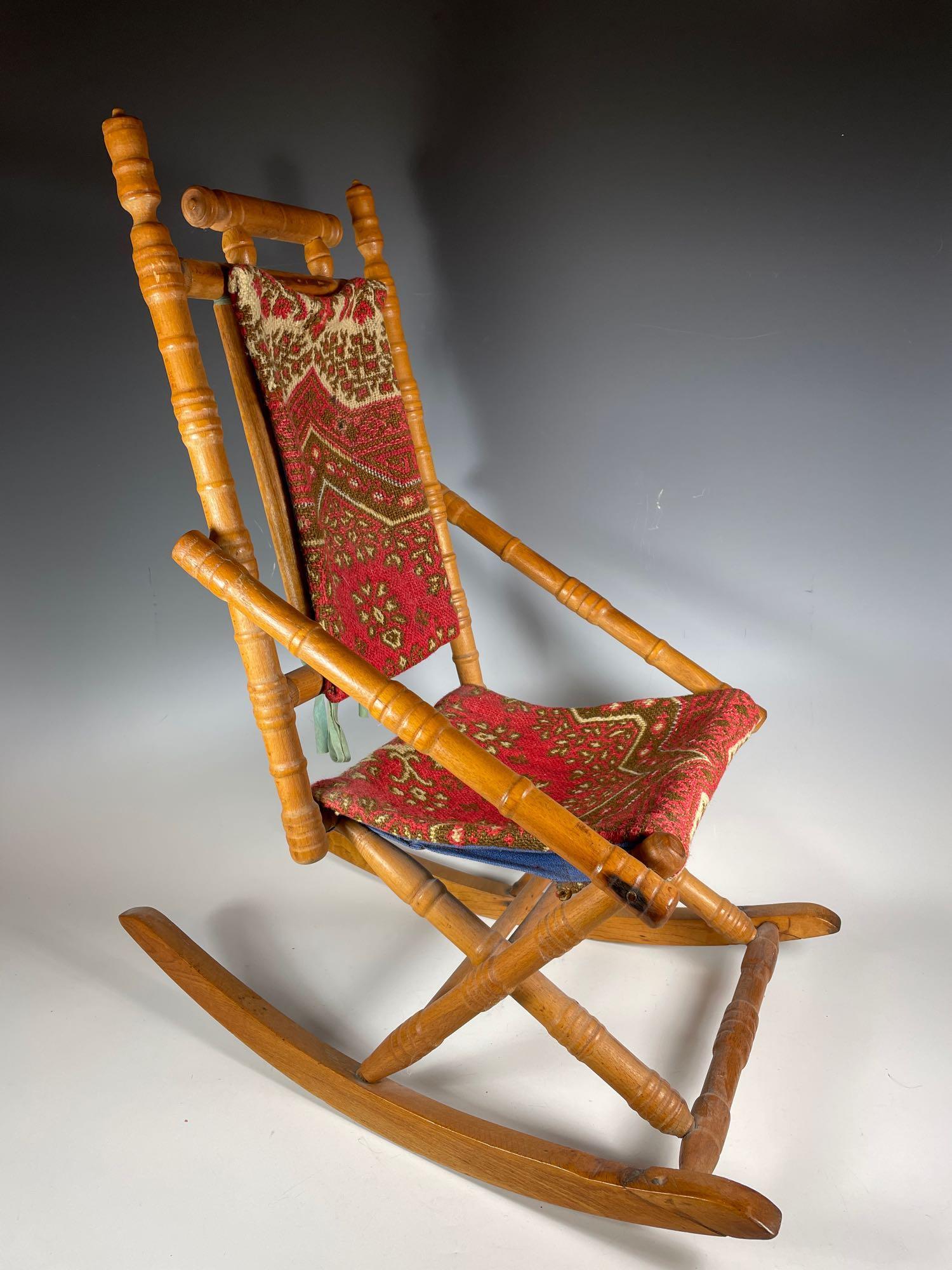 Early Cloth Seat Childs Rocker: Good early childrens rocking chair. Great for displaying your doll collection. Normal use and wear as shown, see photos.