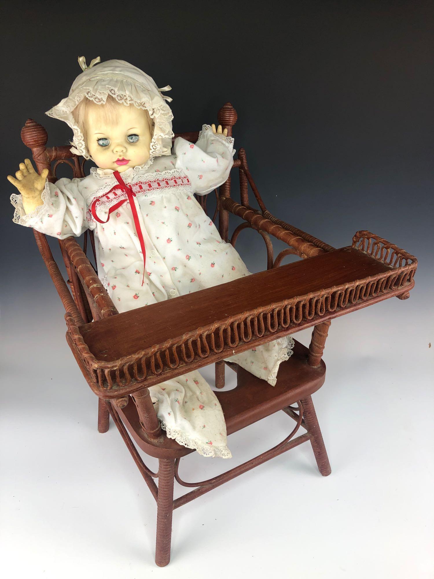 Vintage Wicker Rattan Childs Doll High Chair w Doll (1 of 7)