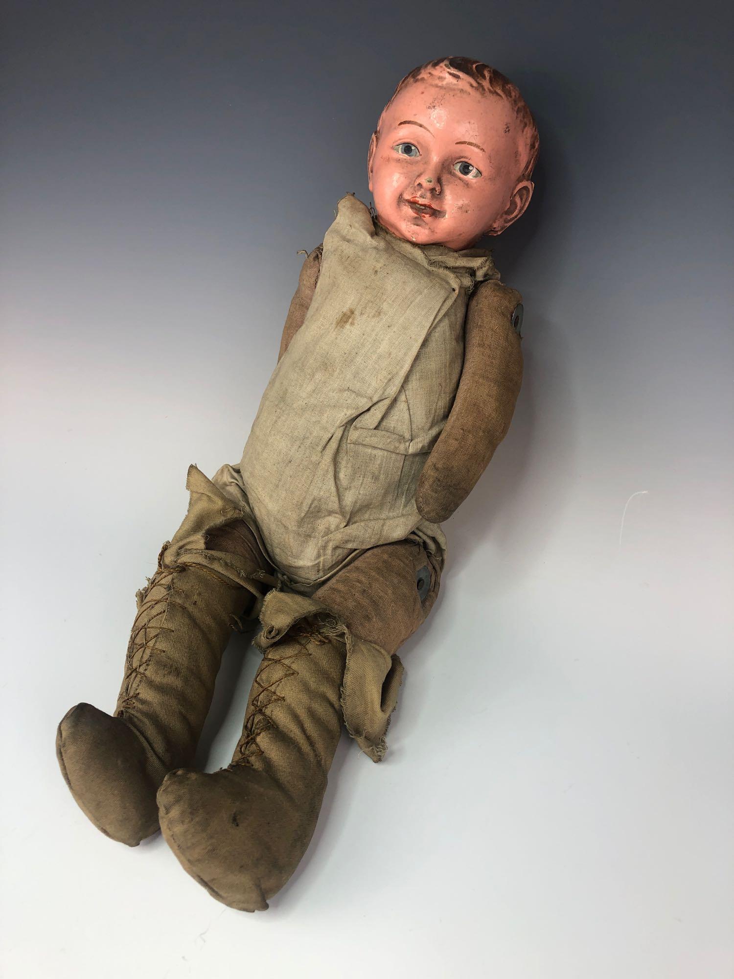 19 th C. Composition Boy Doll W Cloth Straw Filled Body (1 of 4)