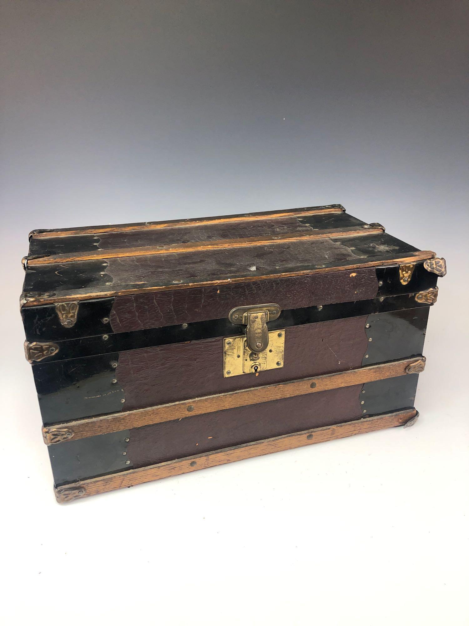 19 th C. Childs Doll Banded Wooden Steamer Trunk 9.5" H (1 of 11)