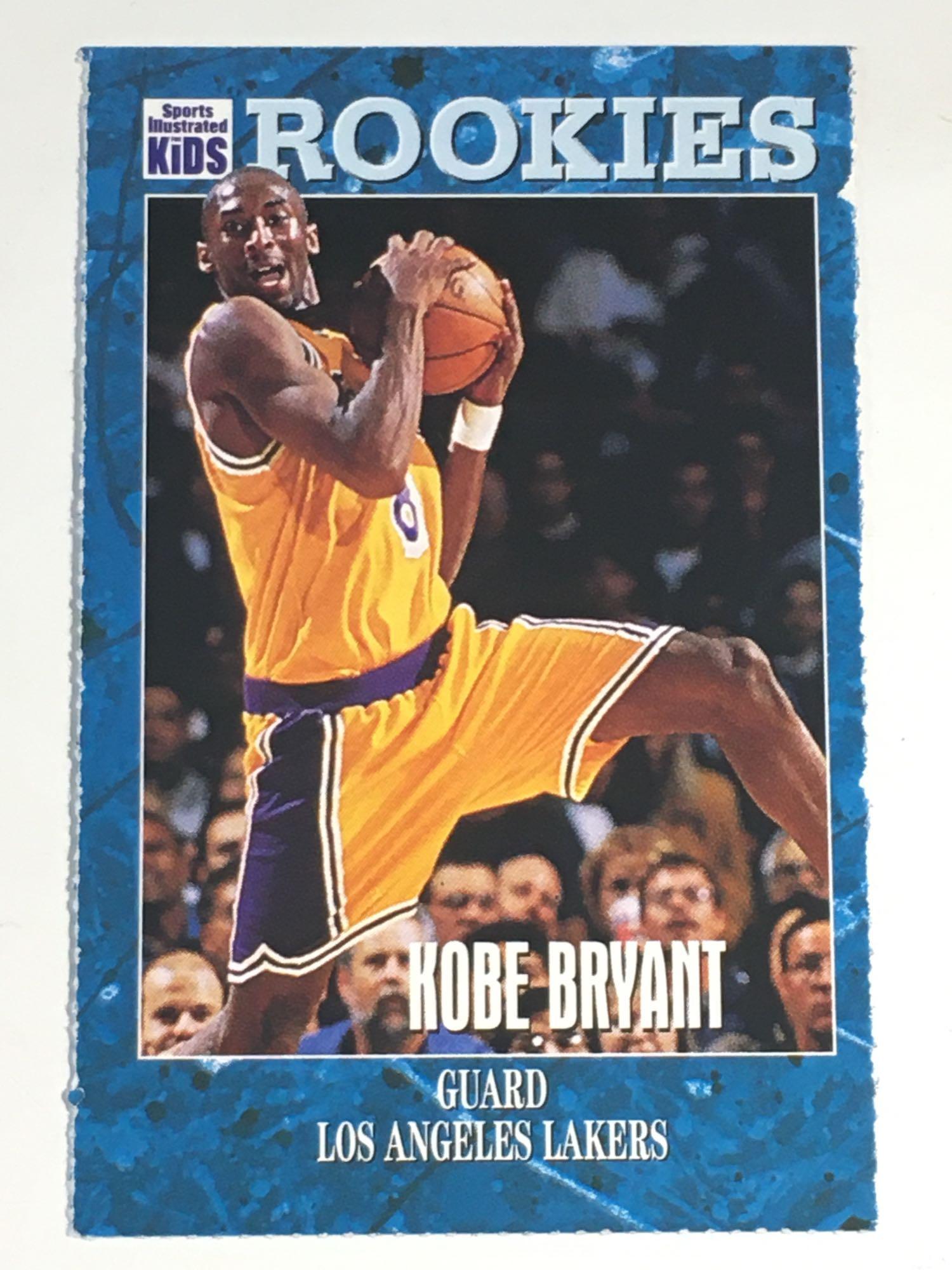 1997 Sports Illustrated for Kids Kobe Bryant Rookie: Rookie card as found in an issue of Sports Illustrated For Kids. Clean card #59 shows some paper loss at the perforation lines.