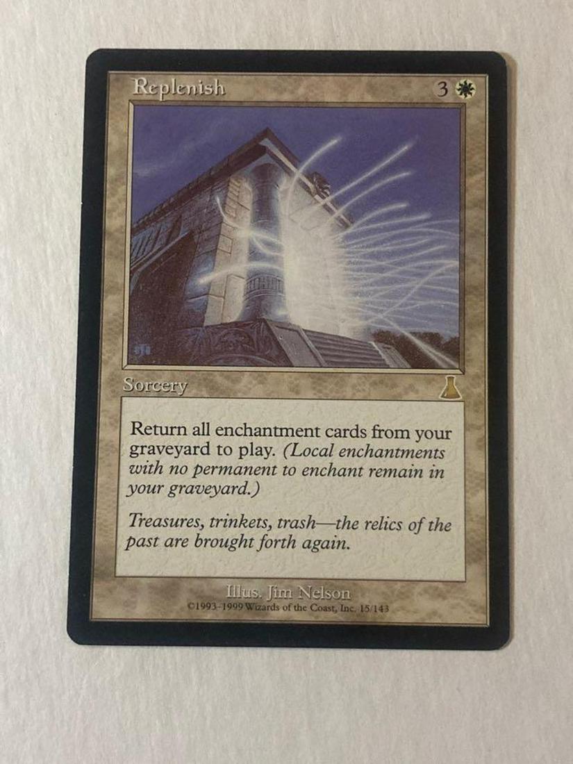 1999 Magic The Gathering Replenish Playing Card MTG: #15/143 Replenish Urza's Destiny. White Sorcery. Faint signs of handling, use, playing. NRMT caliber playing card.