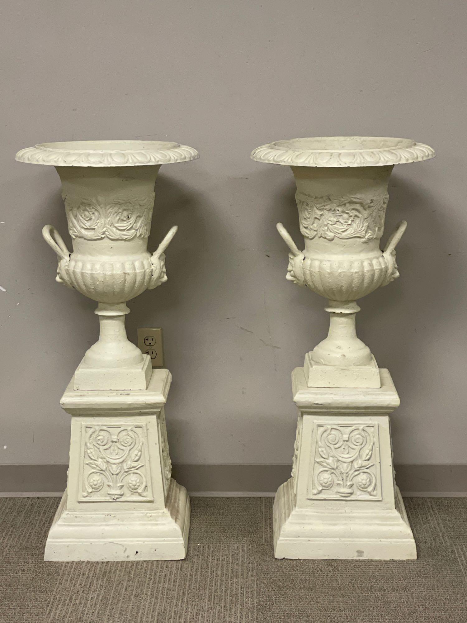 Tall Pair of Cast Iron Garden Planters Urns w Lion (1 of 16)
