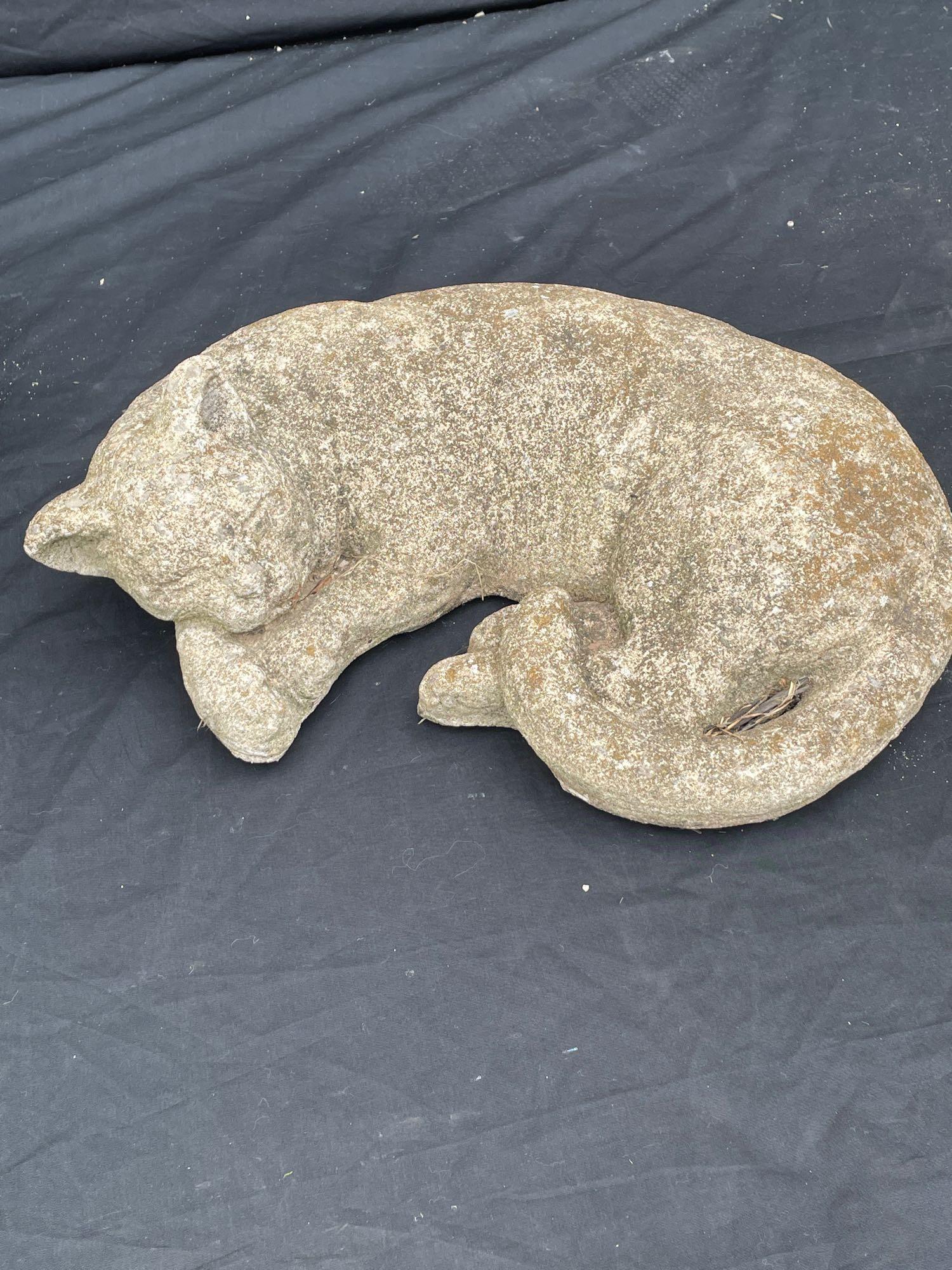 Sleeping Cat Stone Garden Statue: Stone concrete or limestone laying cat flower bed garden art. Approx 16" in length. See photos