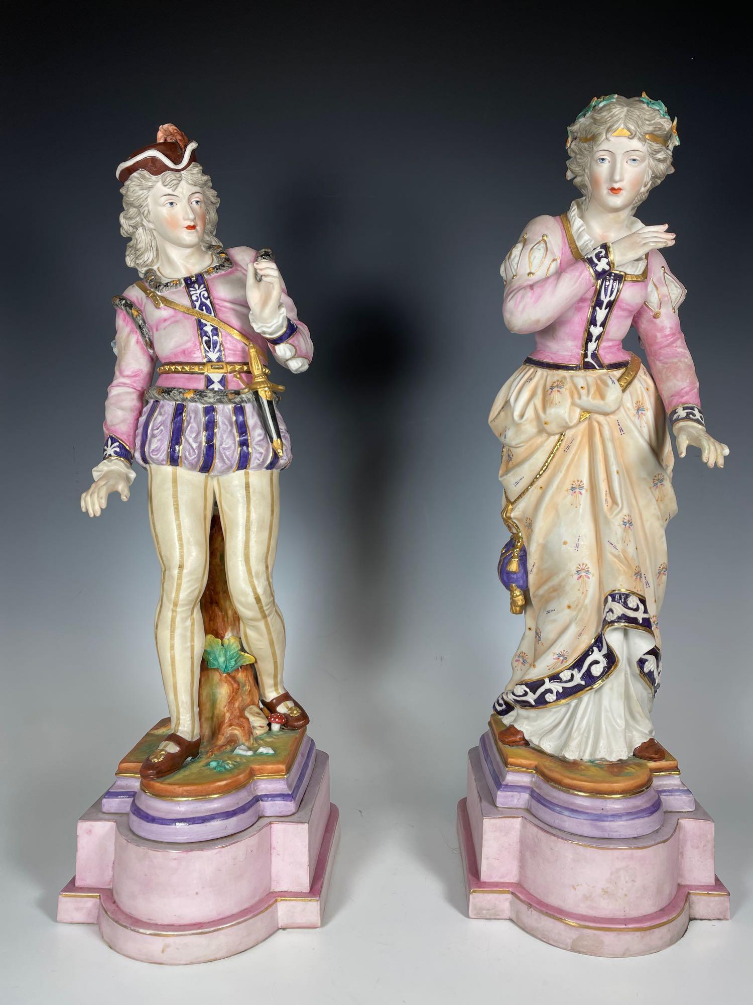 Pair of Early KALK German Porcelain Figurines: Fine details and display throughout this pair of matte finished German figures. Standing approx 22" tall. Woman has repair and losses on left hand as shown. Blue crossed arrows stamp marks. Signs of p