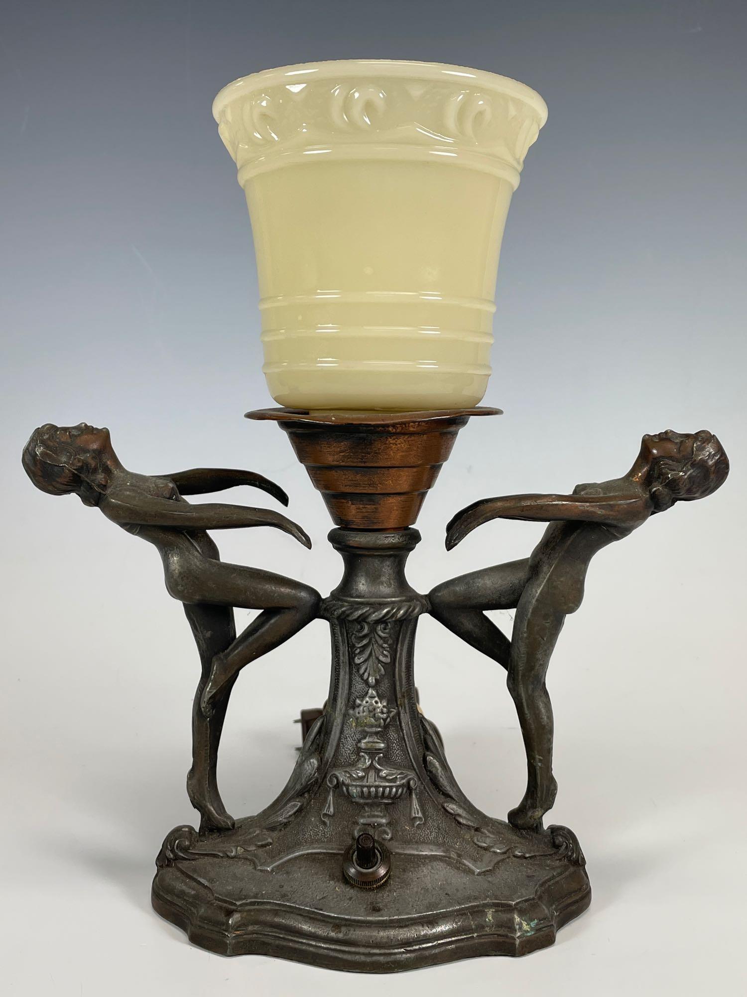 Art Nouveau White Metal Double Figural Lamp (1 of 10)