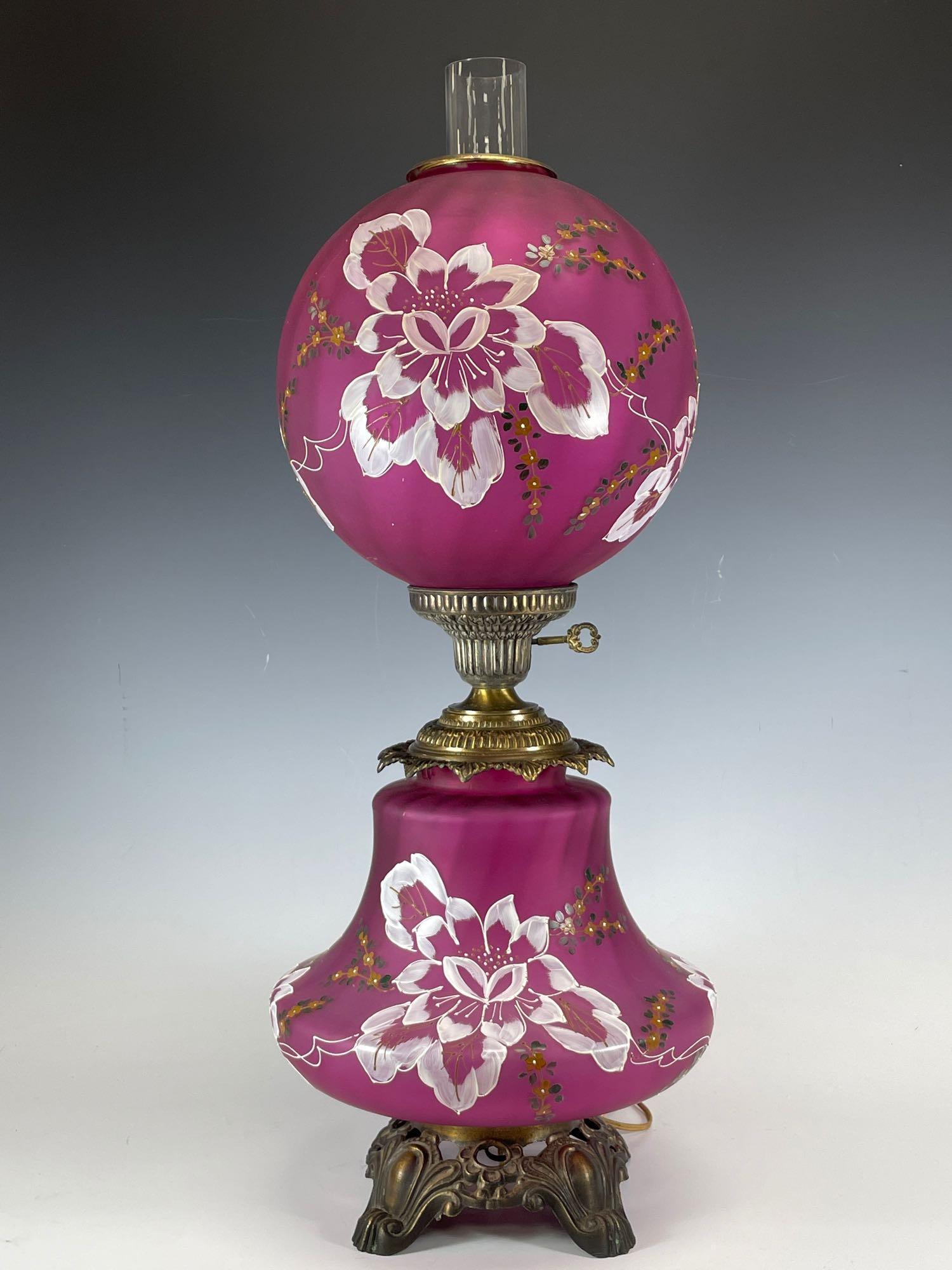 Antique Hand Painted Deep Pink Satin Glass Banquet Lamp (1 of 11)