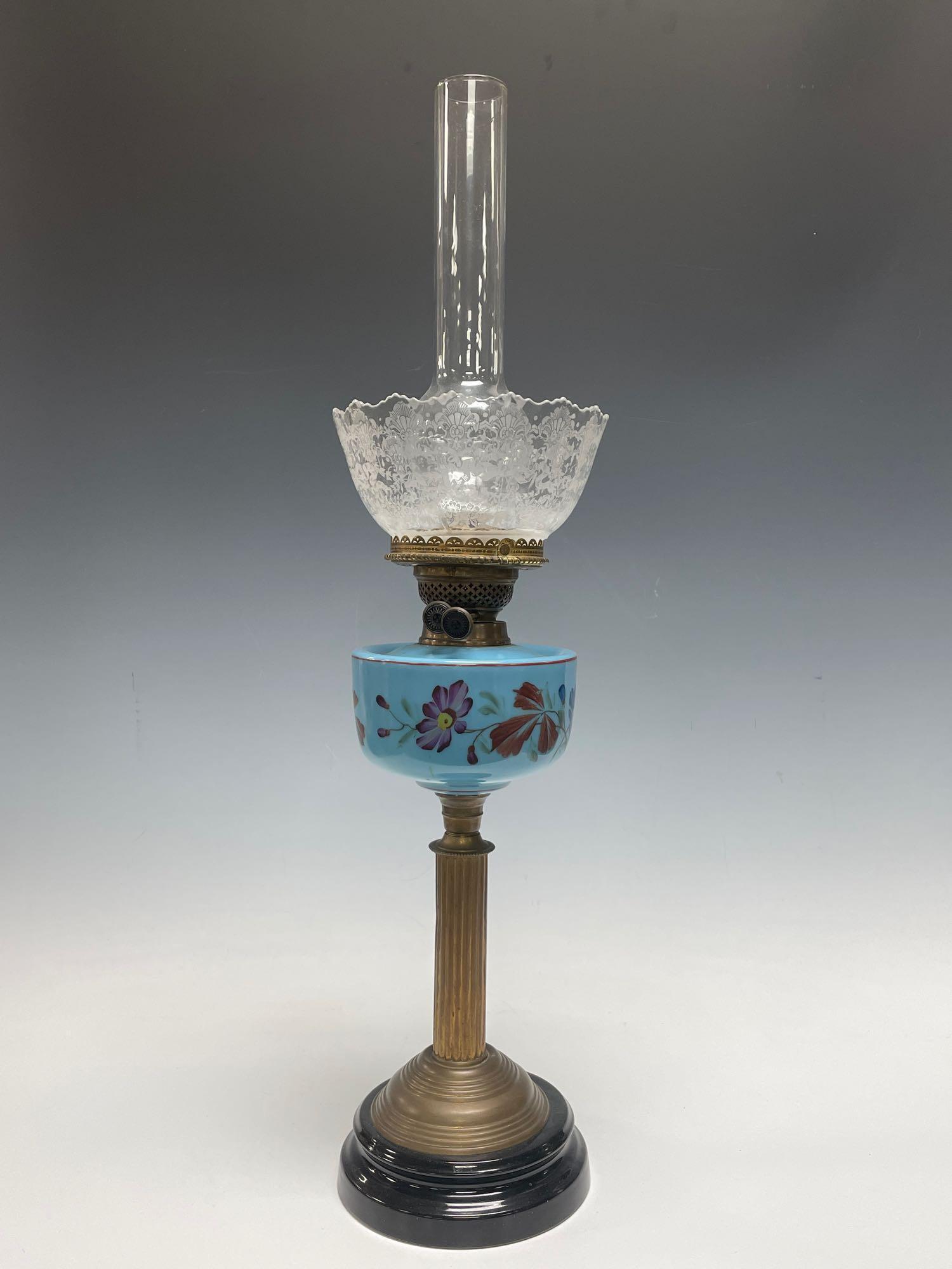 19th C. American Bronze Column Oil Lamp w Hand Painted (1 of 16)