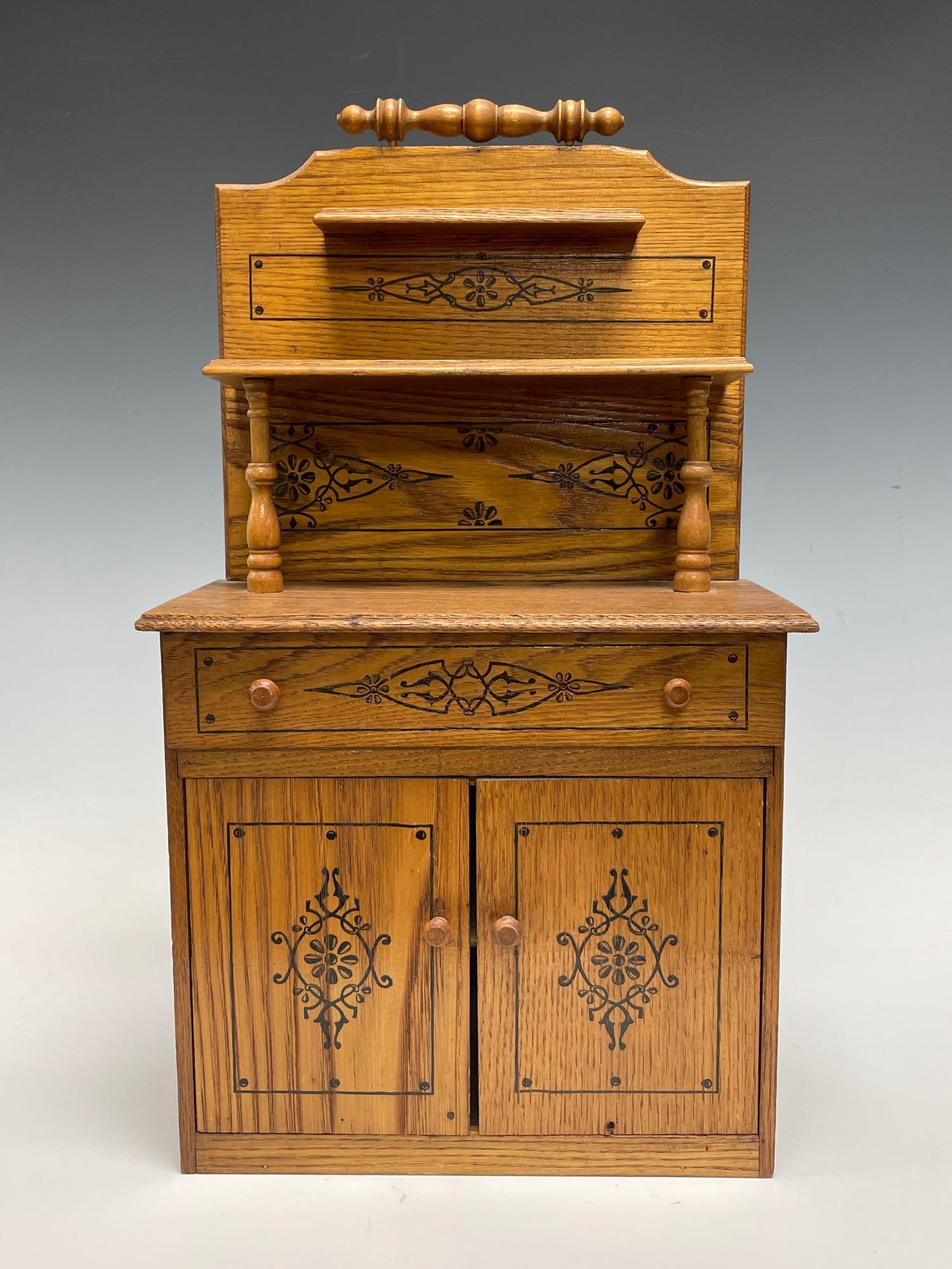 Carved American Oak Miniature Sized Sideboard Hutch (1 of 10)