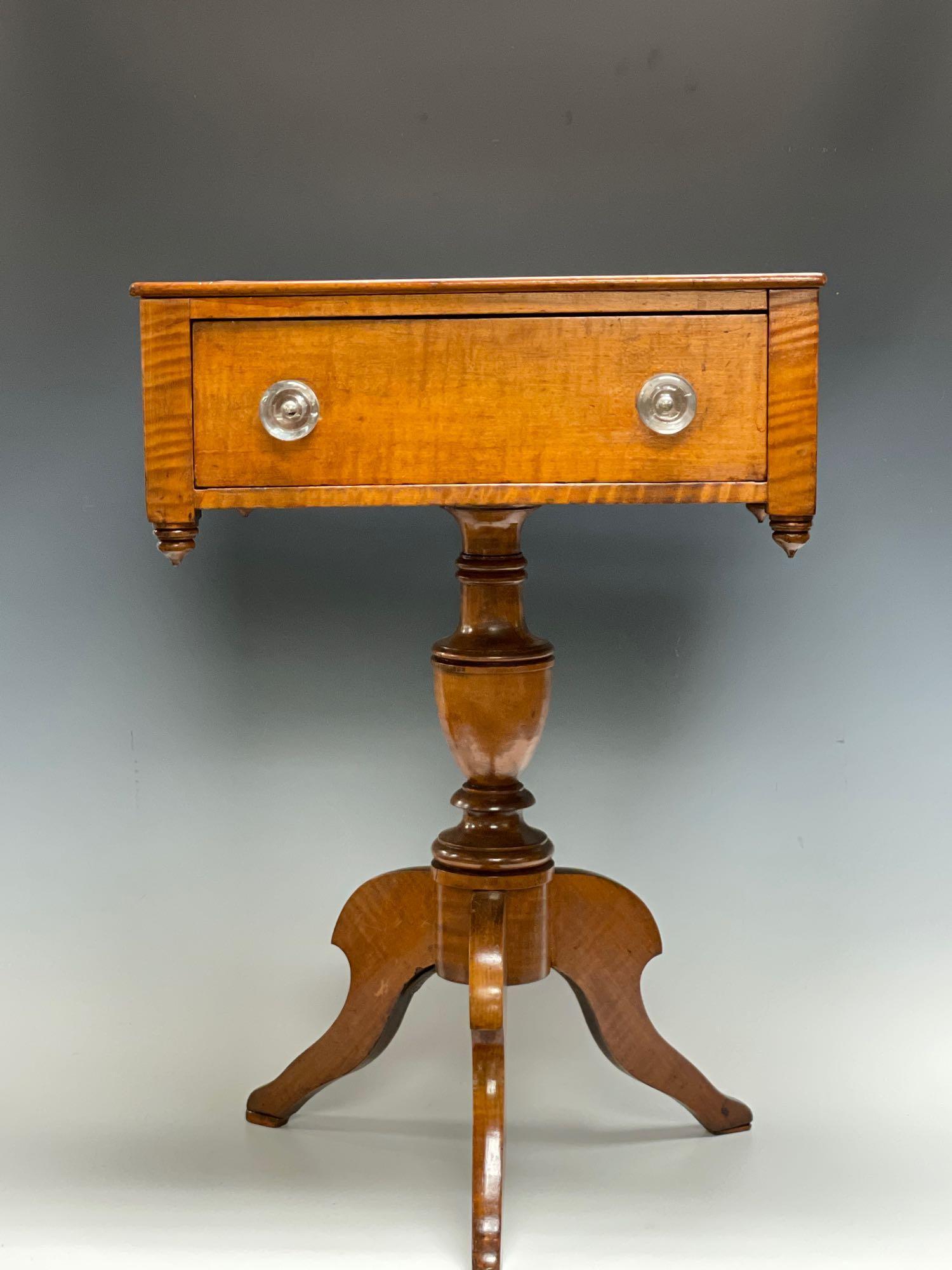 AMERICAN 19th C. Tiger Maple One Drawer Stand (1 of 12)