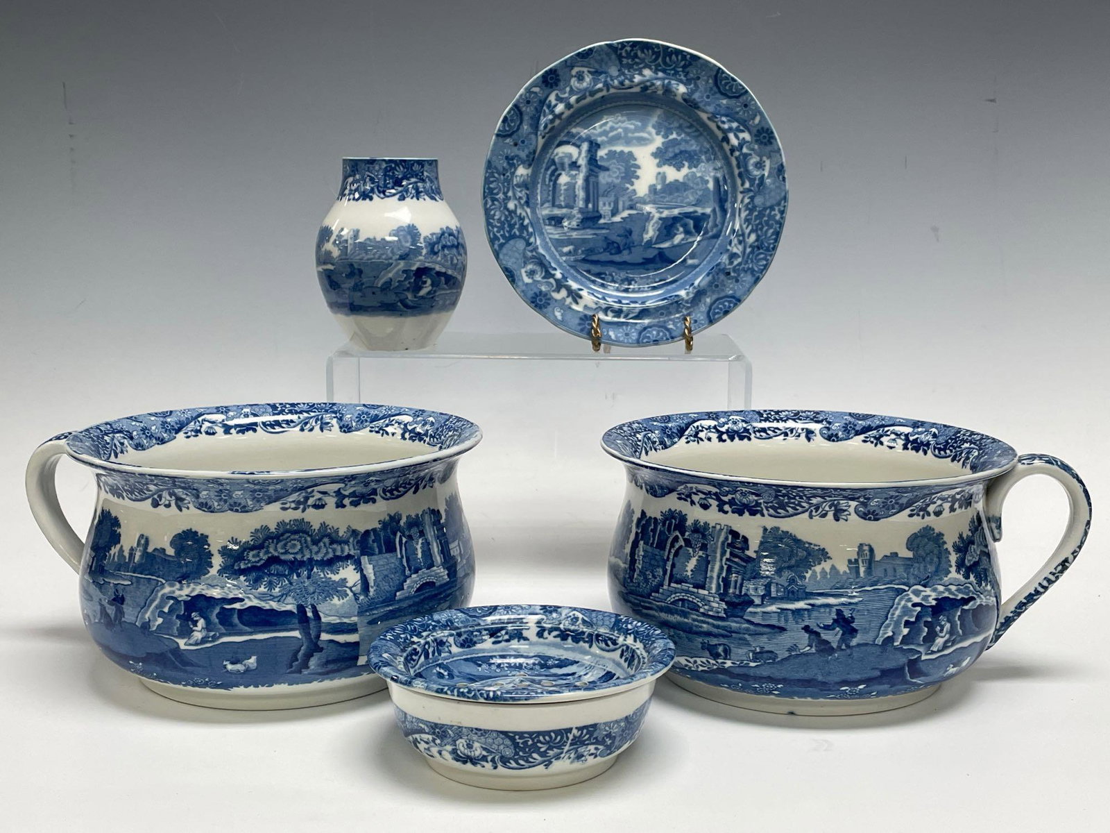 Copeland Spodes Italian Chamber Pots Flower Frog Vase: 19th Century Copeland Spodes Blue and White Italian Chamber Pots, Flower Frog, Vase, and Plate. Chamber pots measuring approx. 8.25" in diameter. In good age appropriate condition, see photos.