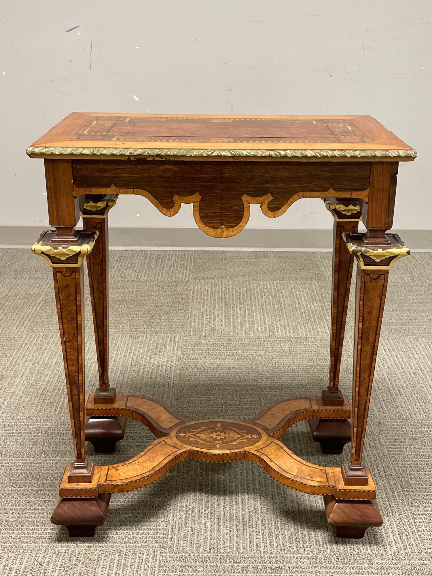 Marquetry Inlaid Italian Renaissance Stand / Table: Italian marquetry inlaid table measuring approx 30"t x 24.5"w x15.5"d. See photos for details and condition as shown.