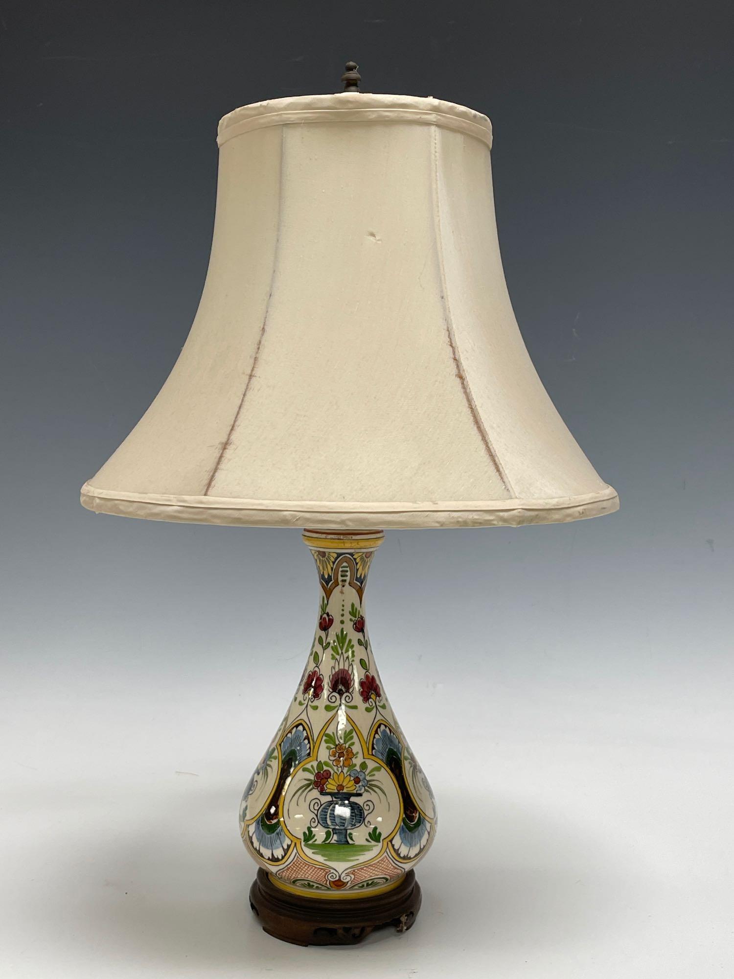 Faience Poly-chrome  Pottery Lamp on Teak Base (1 of 7)