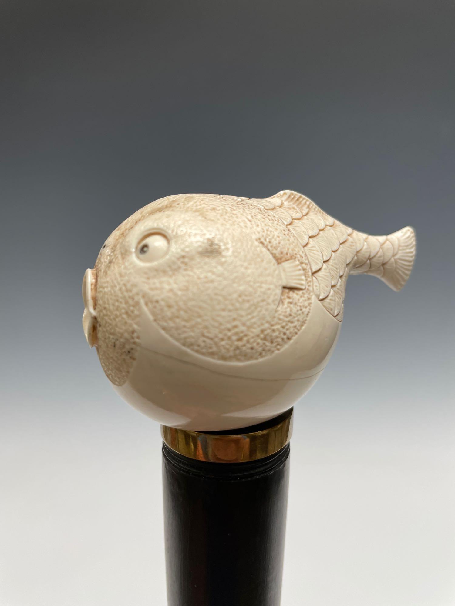 Carved Blowfish or Puffer Cane Topper: Bone Blowfish Topper on cane. Hand carved by Alaskan tribe or Eskimo signed bottom. see photos 37" tall