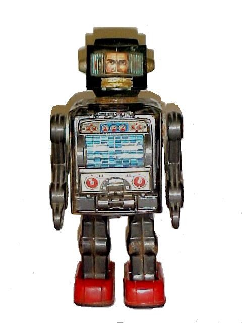 Japan Pressed Tin Robot With Video Screen, : made in Japan as he walks chest pops down and video action screen appears then closes. Battery compartment and Entire body area having surface rust and paint bubbles scuff scratches. Working 12'' tall