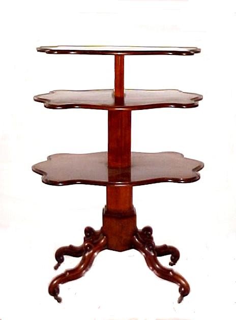 French Napoleon Gueridon Adjustable 3 Tier, : dumbwaiter table in mahogany wood. With shaped tops and cabriole legs. Old repairs to legs, minor sun fade to top shelf. Ca.1860. Raised 43'' h. down 32'' w.28'' d. 20''