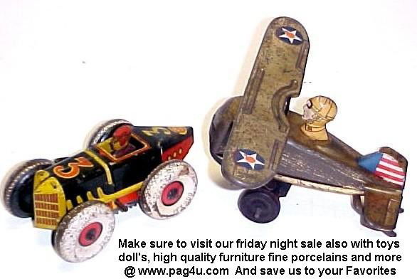 Marks # 3 Tin Litho Race Car & Flip Over Plane: this marxs race car made in 1940s. Most numbers were black, yellow, and red with black tires. This one has the desirable white balloon tires, much harder to find. Good condition for age. Nicks, scratc