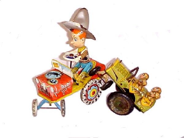 Two Vintage Pressed Tin Lithograph Windup Toys: ,Unique Art Rodeo Joe in working order. Paint fading& loss, scratches, rust on hat & tires, hat has small '' v'' cut in brim. 9'' h. 8'' l. Marks Jumpin Jeep, in working order. Body & tire rim rust, s
