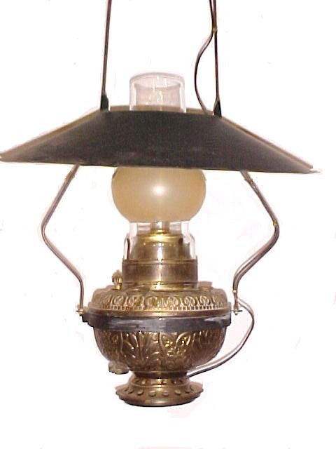 Victorian Brass & Iron Saloon Hanging Light Fixtur: The embossed lamp font is brass and stamped'' THE PITTSBURG '', hanger is black iron, shade is pattern metal, black on top, white inside. has been discreetly electrified. There's a rare fill & empty g