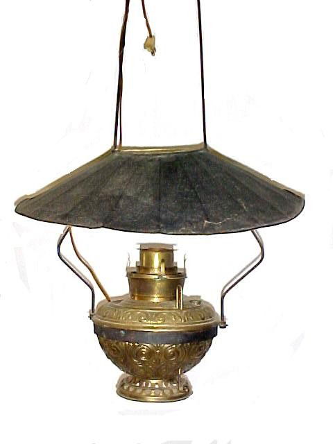 Victorian Brass & Iron Saloon Hanging Light Fixtur: The embossed lamp font is brass and stamped B & H 1888 # 92, hanger is black iron, shade is pleated pattern metal, black on top, white inside and has a couple damaged area's. Has been discreetly elect