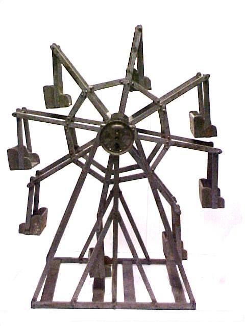 Rare Wooden 8 Bucket A Frame Ferris Wheel, : painted silver gray. Having a pulley that may have been made to adapt motor at one point ?. Good condition with paint looses. 27'' h. 23'' w.
