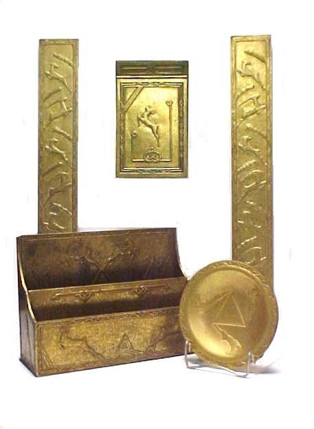 Bronze Dore 6 Piece Desk With Leaping Gazelles,: unsigned Tiffany or Apollo Studios. Having an letter holder and opener, Two blotter ends, round dished tray, hinged paper holder. All matching and all showing signs of discoloration and spots from usa