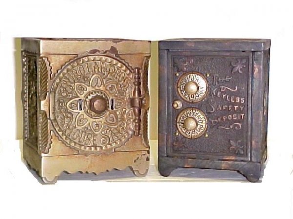 Two Cast Iron Still Banks One J. E. Stevens No. 40: Burglar Proof House Safe 1897. Discoloration to nickel silver, minor light surface rust and no key. THERES COINS IN IT 6'' x 5'' x 4''. Other The Keyless safety Deposit double combination bank. In goo
