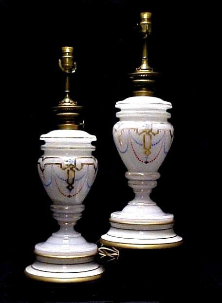 Pair Of Bristol Hand Decorated Vases As Lamps,: 22'' tall with enamel and paint decoration having basic white shades and harps. Wear to some of the paint.