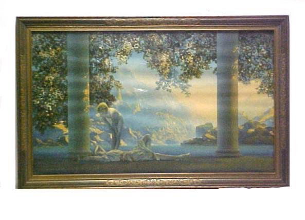 Maxfield Parrish Daybreak in Original Frame,: Daybreak was the 20th century's single most popular print in America. According to Alma Gilbert, the House of Art ,which handled the printing, estimated that 1 out 4 homes one. In soft blues & greens,