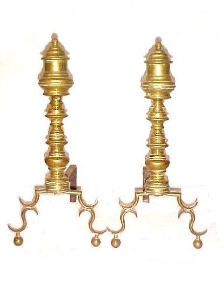 Pair of Late 18th. C. Federal Brass Andirons,: American 1790-1820 with nipple top faceted supported by a turned and multi-faceted shaft & plinth with shaped skirt, all supported by cabriole spurred legs on ball feet. Never polished or lacquered, o