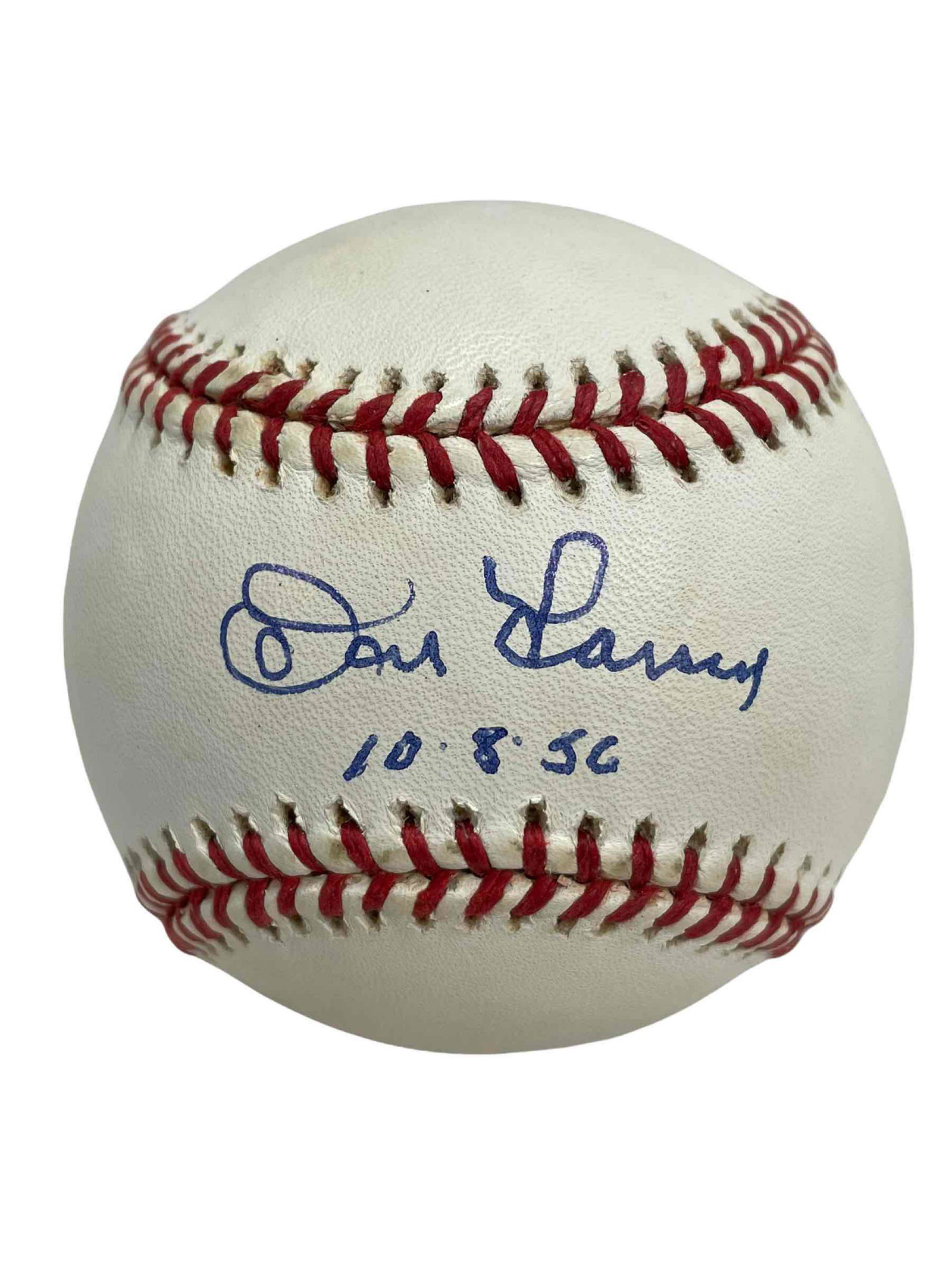 Don Larsen Signed and Inscribed Baseball JSA: Official Bud Selig baseball signed on the sweet spot in blue pen along with "10-8-56" inscription for his perfect game in the World Series. Very nice and clean. JSA certified.